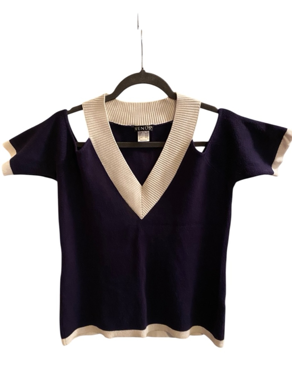VENUS Navy Cold-Shoulder V-Neck Top with White Trim
Size Medium 
New